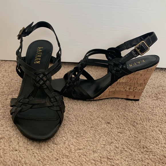 Lauren Ralph Lauren Shoes - Ralph Lauren Delaney Wedge Sandals 8.5B Black Leather upper